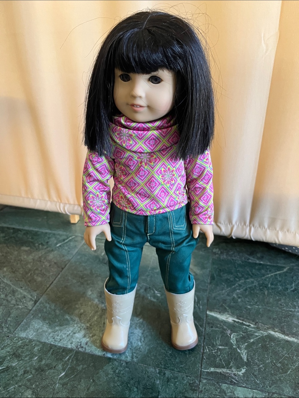 American Girl Pink Patterned Turtleneck with Teal Pants and Cream Boots